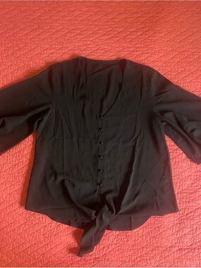 Black Tie-Front Button Womens Top